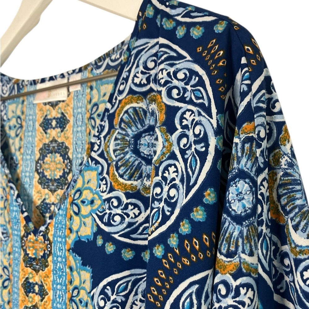 Belle by Kim Gravel Medallion Ruched-Sleeve Blouse Boho Artsy Popover Blue 2X - Picture 4 of 7